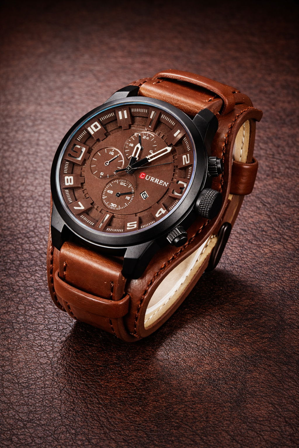 Current 44mm Men’s Quartz Watch with Calendar Date & Leather Strap