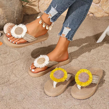 Linen Sunflower Flat Flip-Flops Casual Beach Sandals