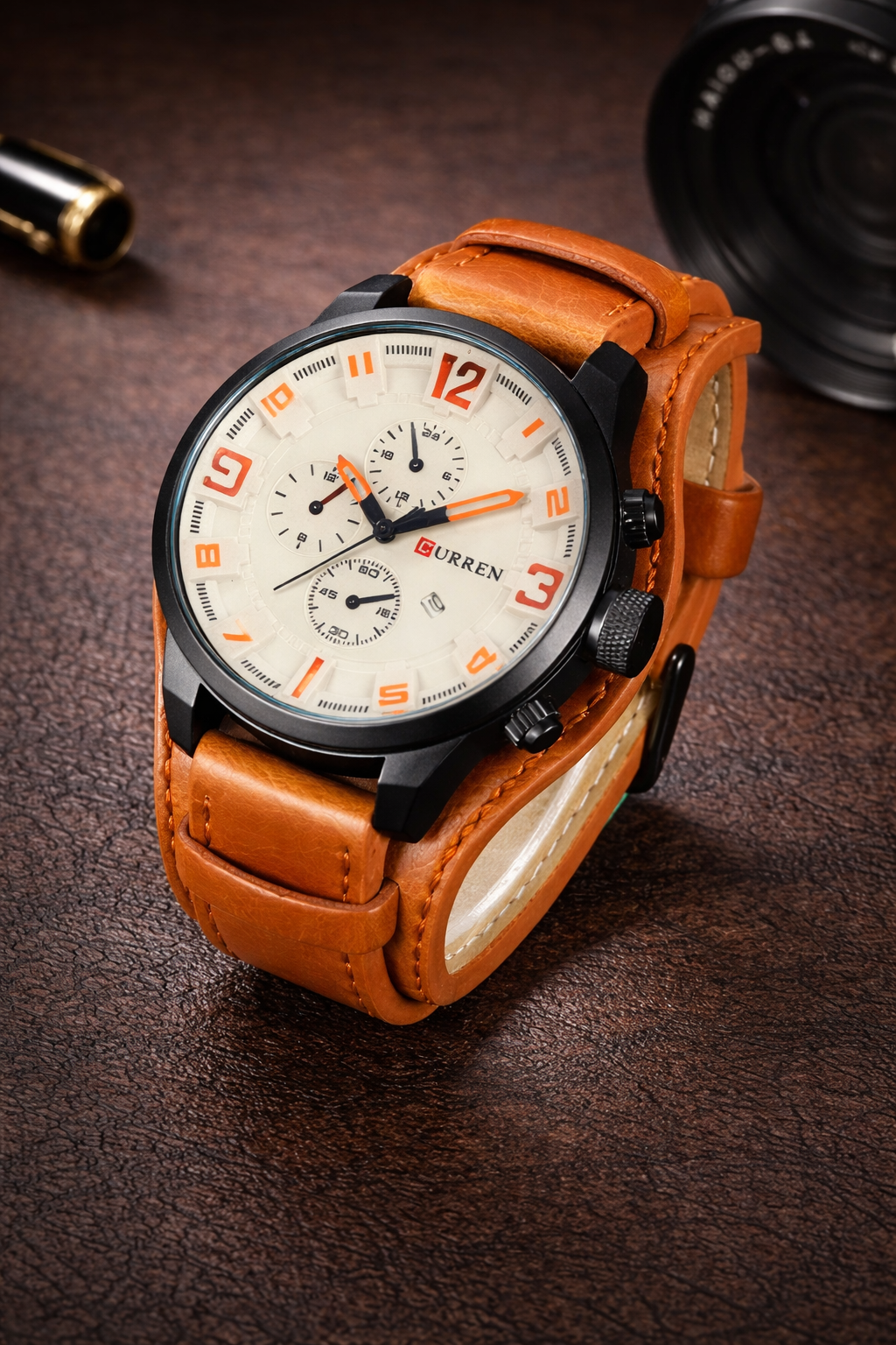 Current 44mm Men’s Quartz Watch with Calendar Date & Leather Strap