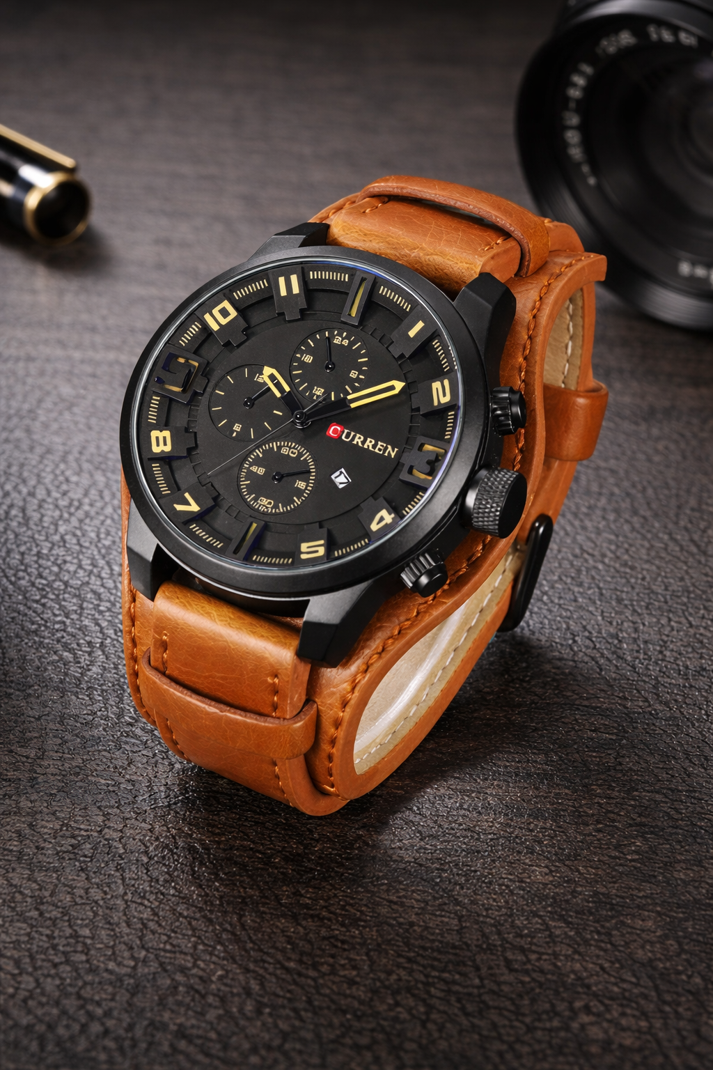 Current 44mm Men’s Quartz Watch with Calendar Date & Leather Strap