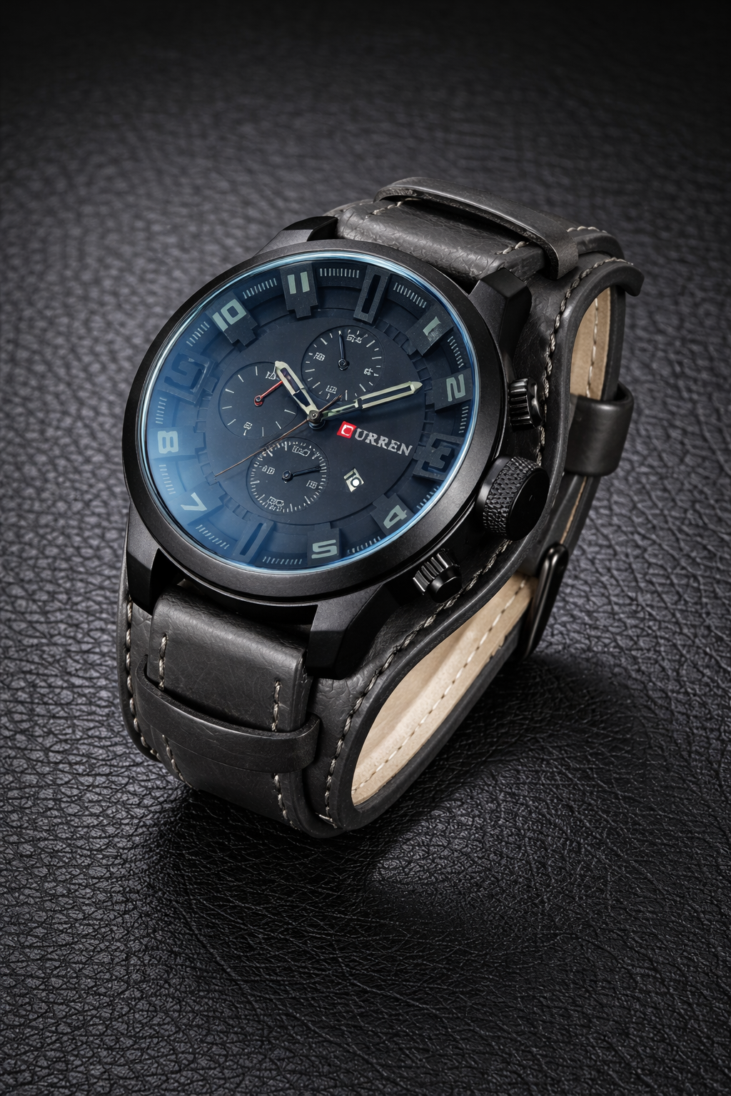 Current 44mm Men’s Quartz Watch with Calendar Date & Leather Strap