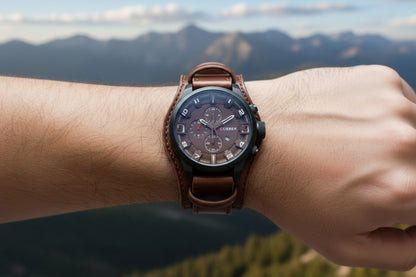 Current 44mm Men’s Quartz Watch with Calendar Date & Leather Strap